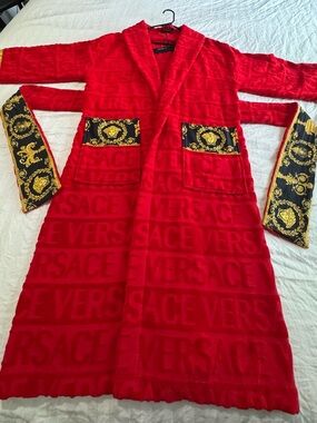 Versace Red Baroque Trim Bathrobe